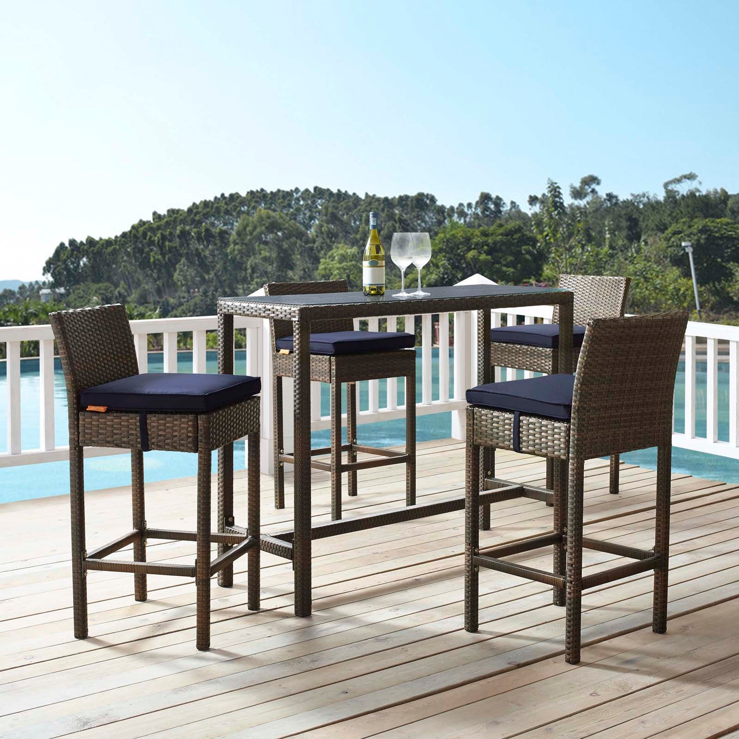 Conduit Bar Stool Outdoor Patio Wicker Rattan Set of 4, Fabric Rattan Wicker, Brown Navy Blue, 17532