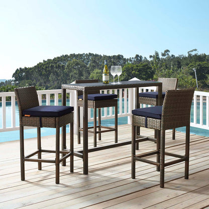 Conduit Bar Stool Outdoor Patio Wicker Rattan Set of 4, Fabric Rattan Wicker, Brown Navy Blue, 17532