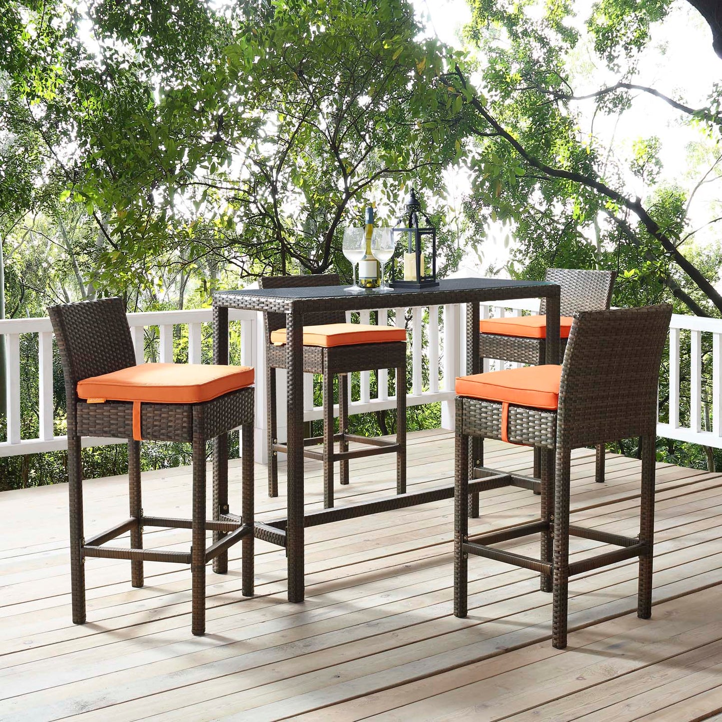 Conduit Bar Stool Outdoor Patio Wicker Rattan Set of 4, Fabric Rattan Wicker, Brown Orange, 17533