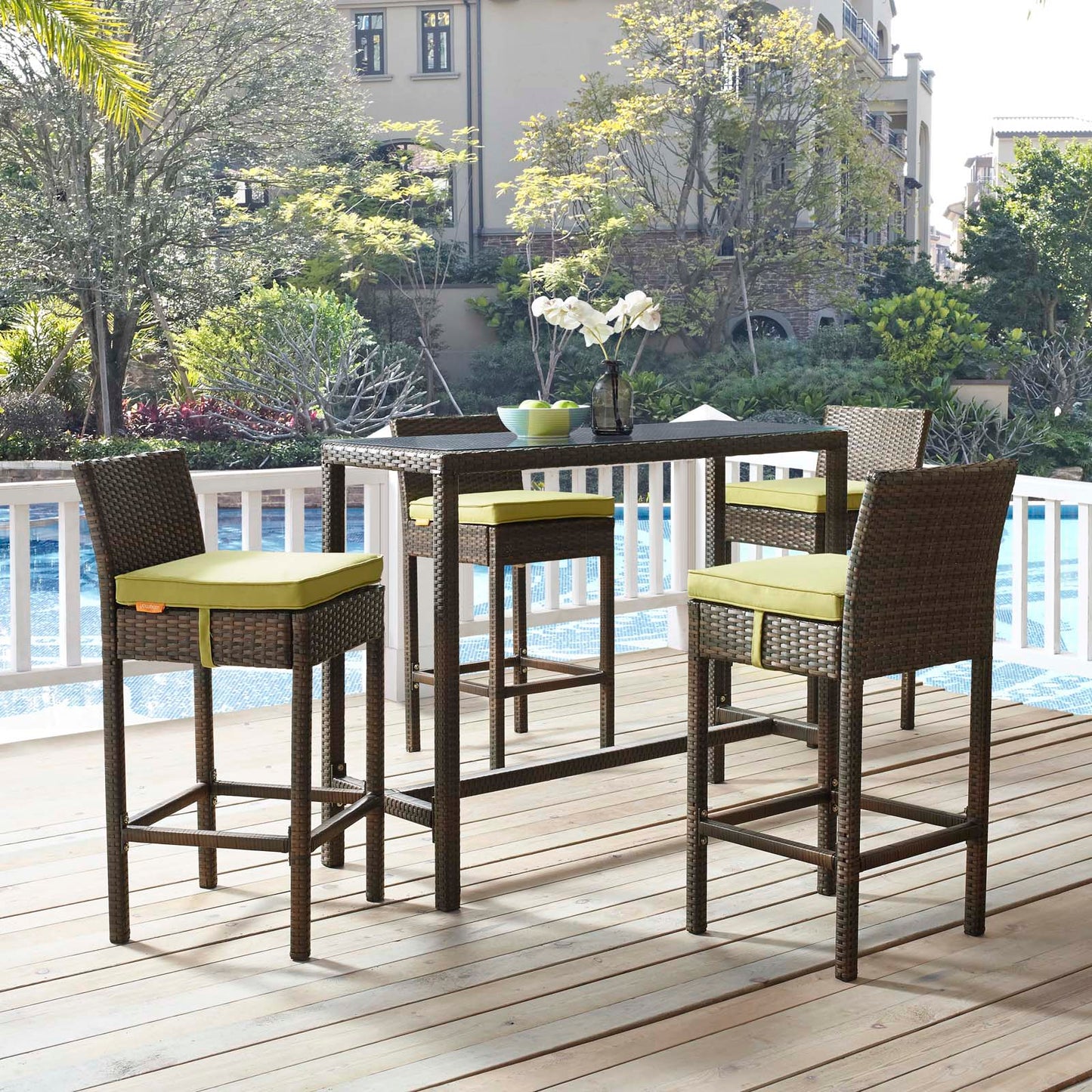 Conduit Bar Stool Outdoor Patio Wicker Rattan Set of 4, Fabric Rattan Wicker, Brown Green, 17534
