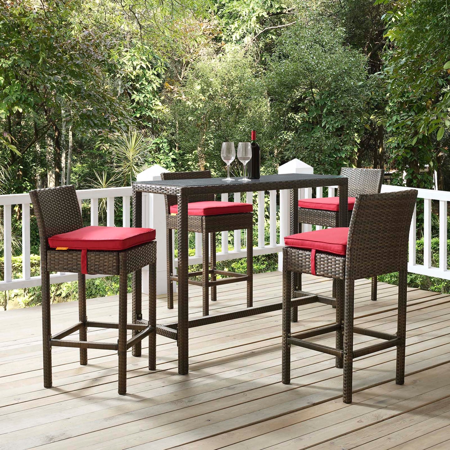 Conduit Bar Stool Outdoor Patio Wicker Rattan Set of 4, Fabric Rattan Wicker, Brown Red, 17535