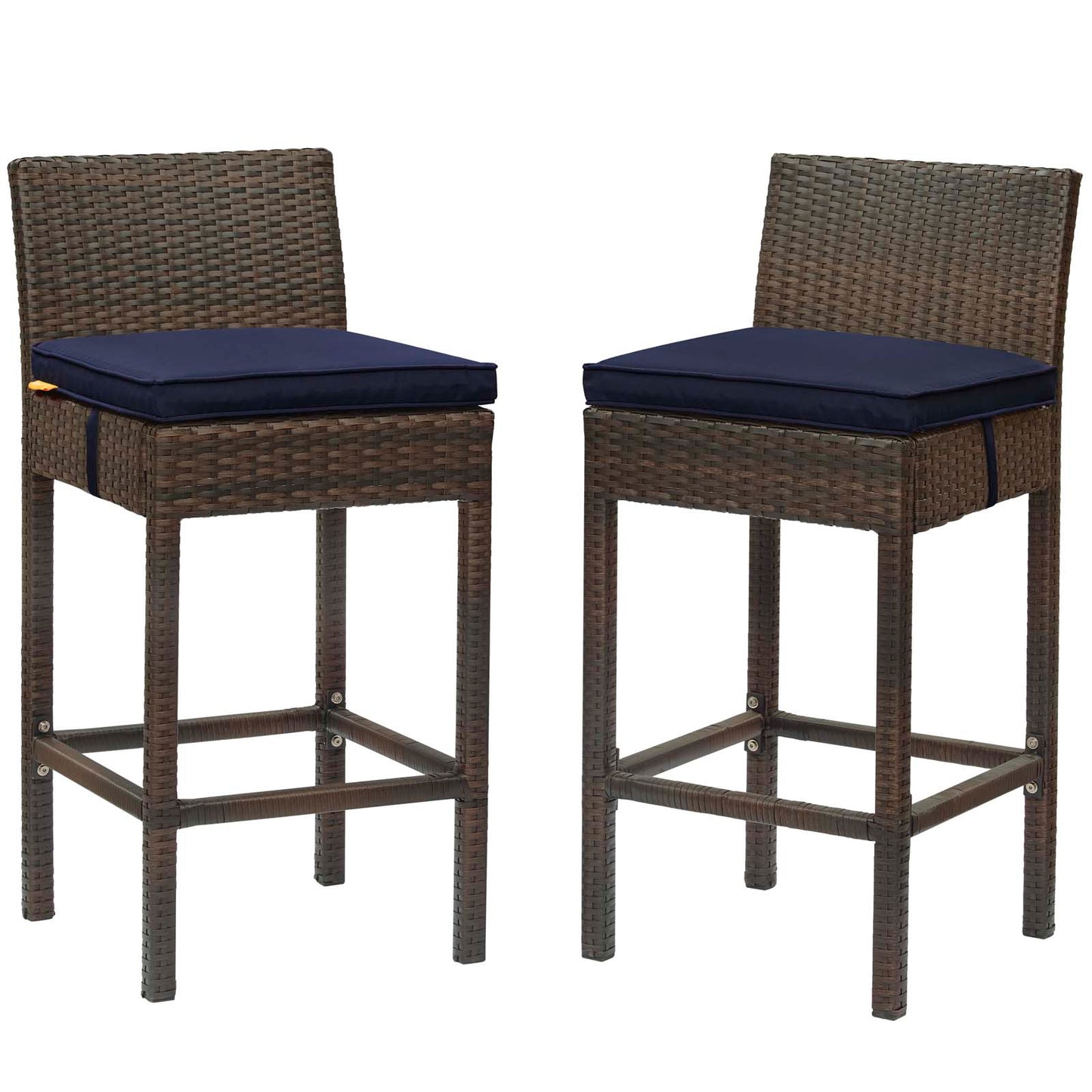 Conduit Bar Stool Outdoor Patio Wicker Rattan Set of 2, Fabric Rattan Wicker, Brown Navy Blue, 17556