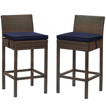 Conduit Bar Stool Outdoor Patio Wicker Rattan Set of 2, Fabric Rattan Wicker, Brown Navy Blue, 17556