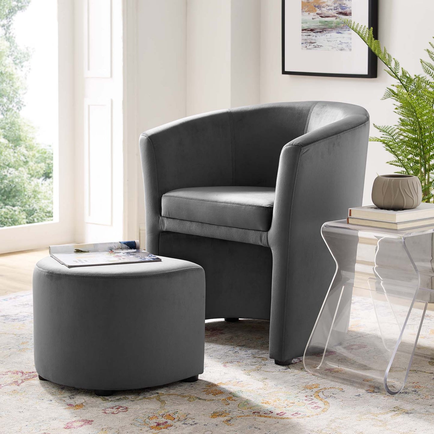 Divulge Performance Velvet Arm Chair and Ottoman Set, Velvet Fabric, Grey Gray, 18006