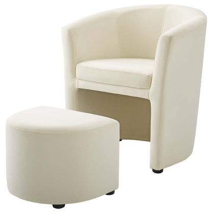 Divulge Performance Velvet Arm Chair and Ottoman Set, Velvet Fabric, Ivory White, 18007