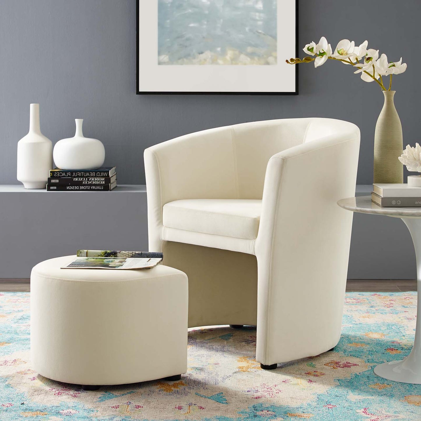 Divulge Performance Velvet Arm Chair and Ottoman Set, Velvet Fabric, Ivory White, 18007