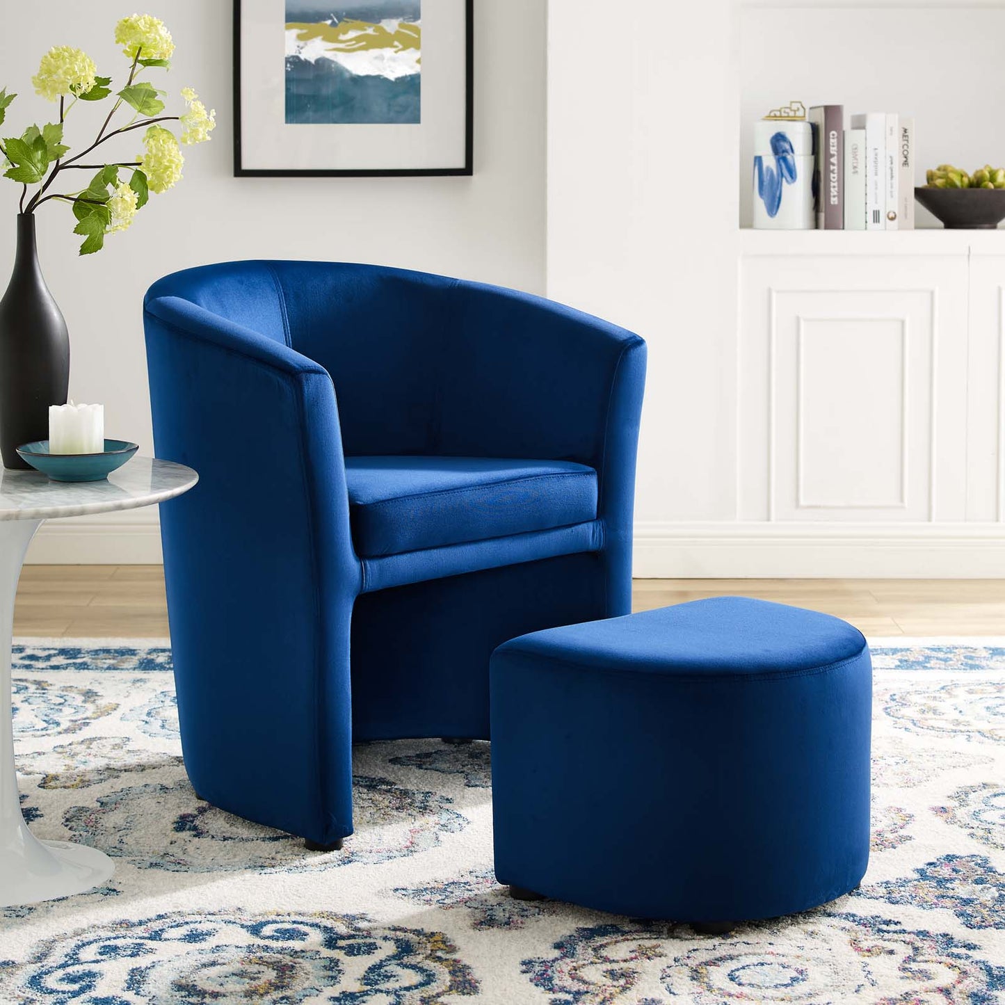 Divulge Performance Velvet Arm Chair and Ottoman Set, Velvet Fabric, Navy Blue, 18008