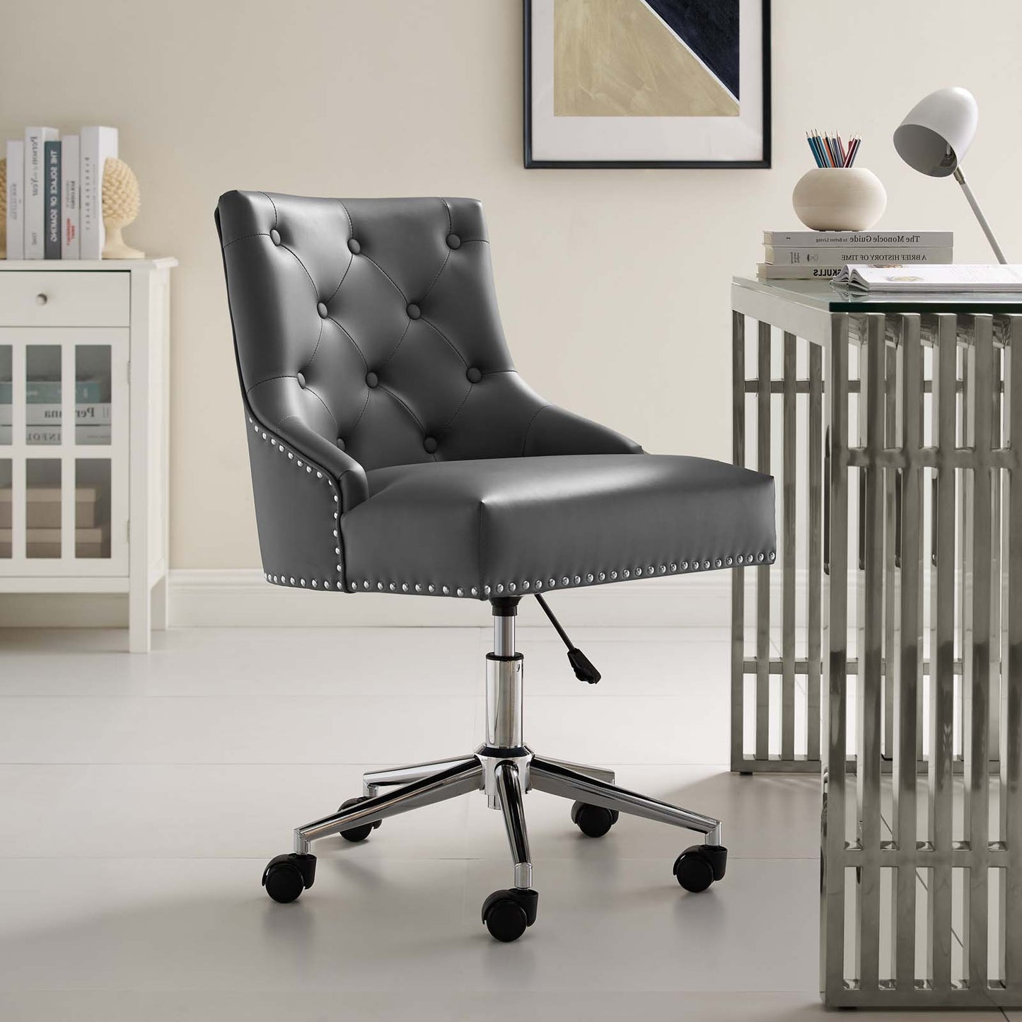 Regent Tufted Button Swivel Faux Leather Office Chair, Faux Vinyl Leather Aluminum, Grey Gray, 17857