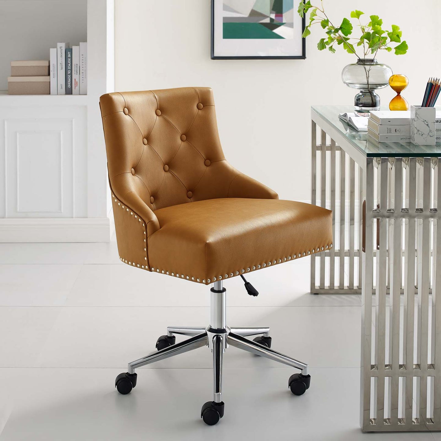 Regent Tufted Button Swivel Faux Leather Office Chair, Faux Vinyl Leather Aluminum, Tan Brown, 17858