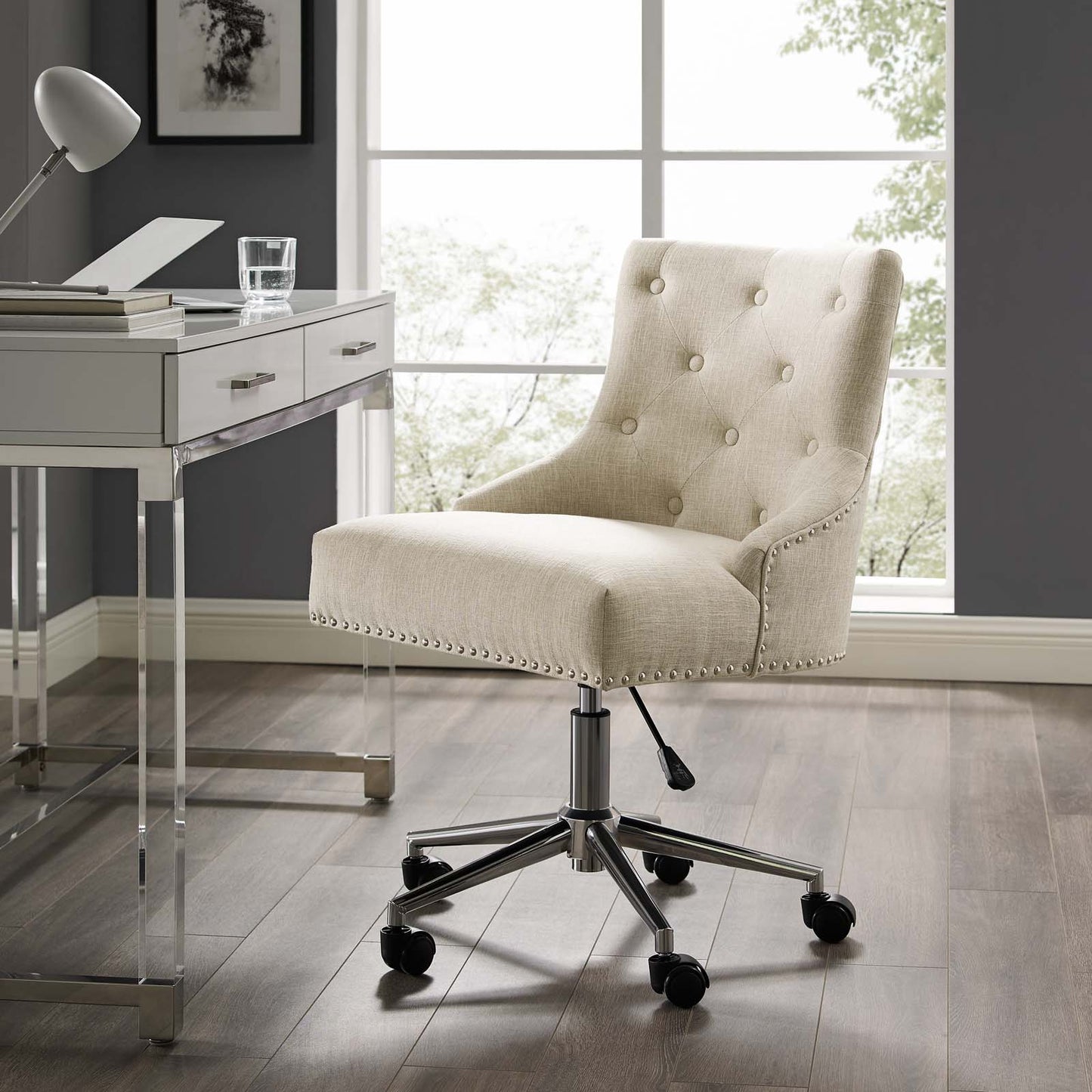 Regent Tufted Button Swivel Upholstered Fabric Office Chair, Fabric Aluminum, Beige, 17861