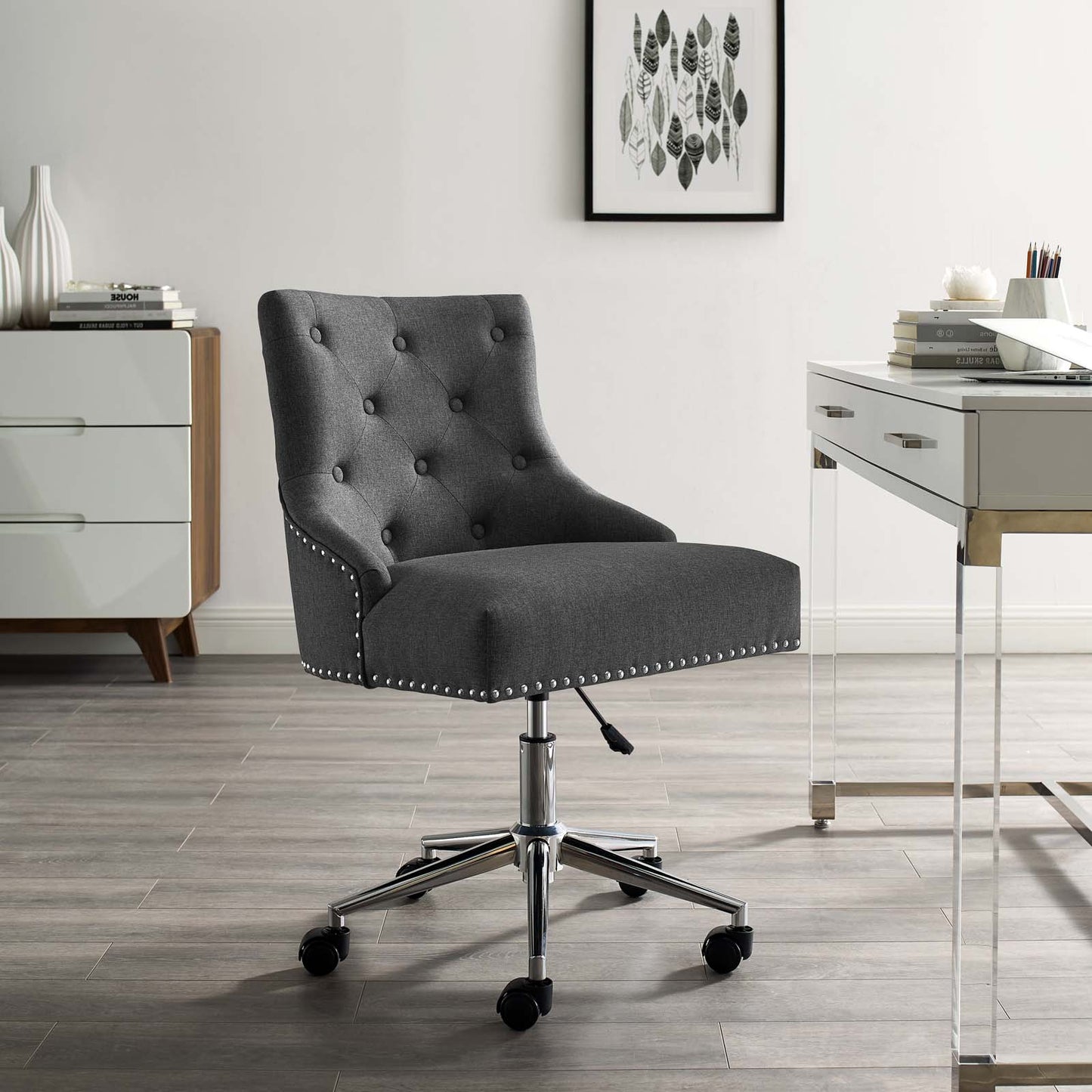Regent Tufted Button Swivel Upholstered Fabric Office Chair, Fabric Aluminum, Grey Gray, 17862