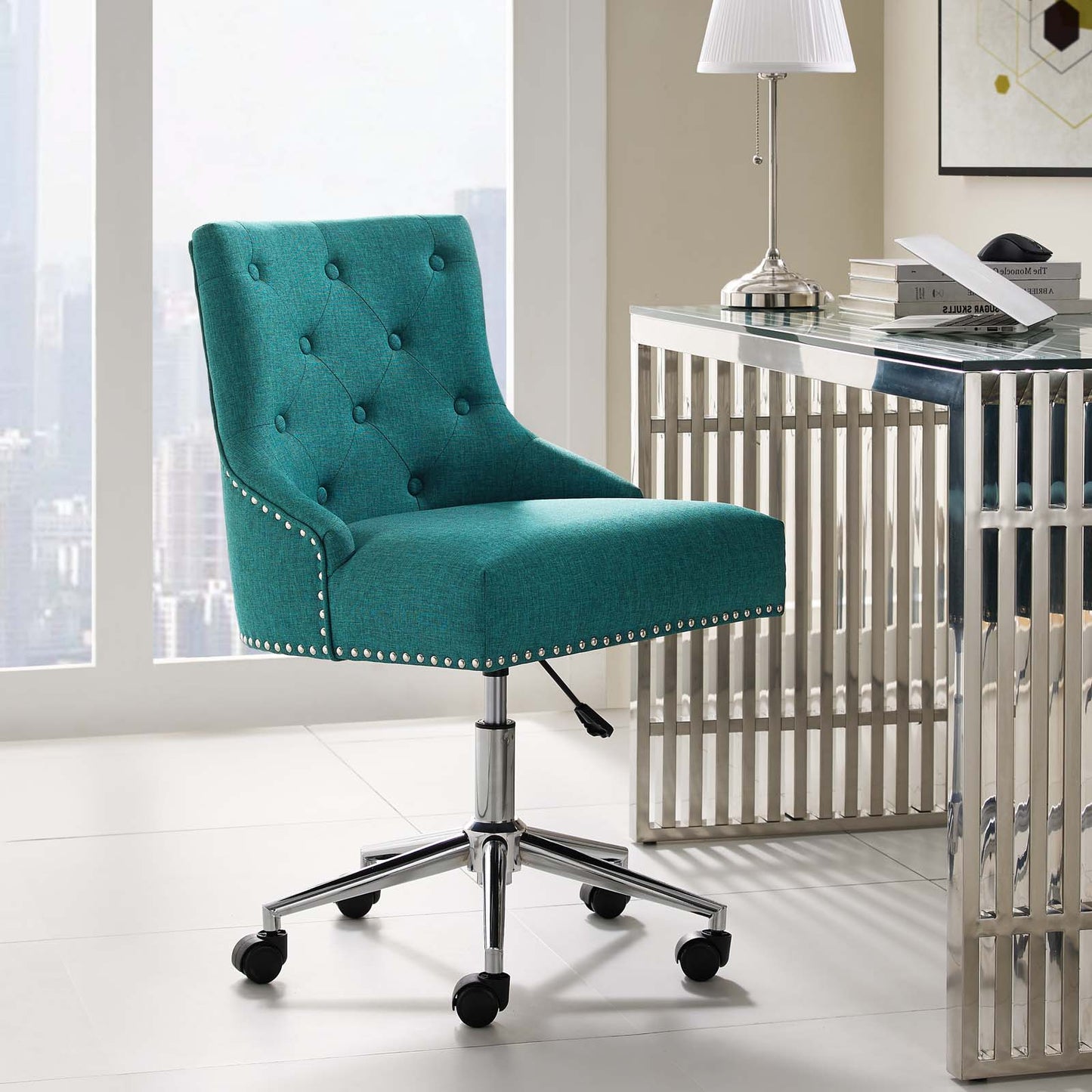 Regent Tufted Button Swivel Upholstered Fabric Office Chair, Fabric Aluminum, Aqua Blue, 17863