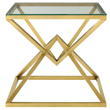 Point 25.5" Brushed Gold Metal Stainless Steel Side Table, Glass Metal Stainless Steel, Gold, 17864