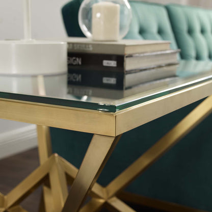 Point 25.5" Brushed Gold Metal Stainless Steel Side Table, Glass Metal Stainless Steel, Gold, 17864