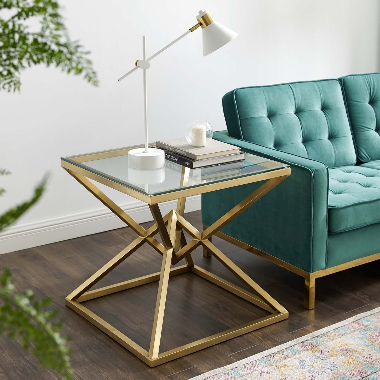 Point 25.5" Brushed Gold Metal Stainless Steel Side Table, Glass Metal Stainless Steel, Gold, 17864