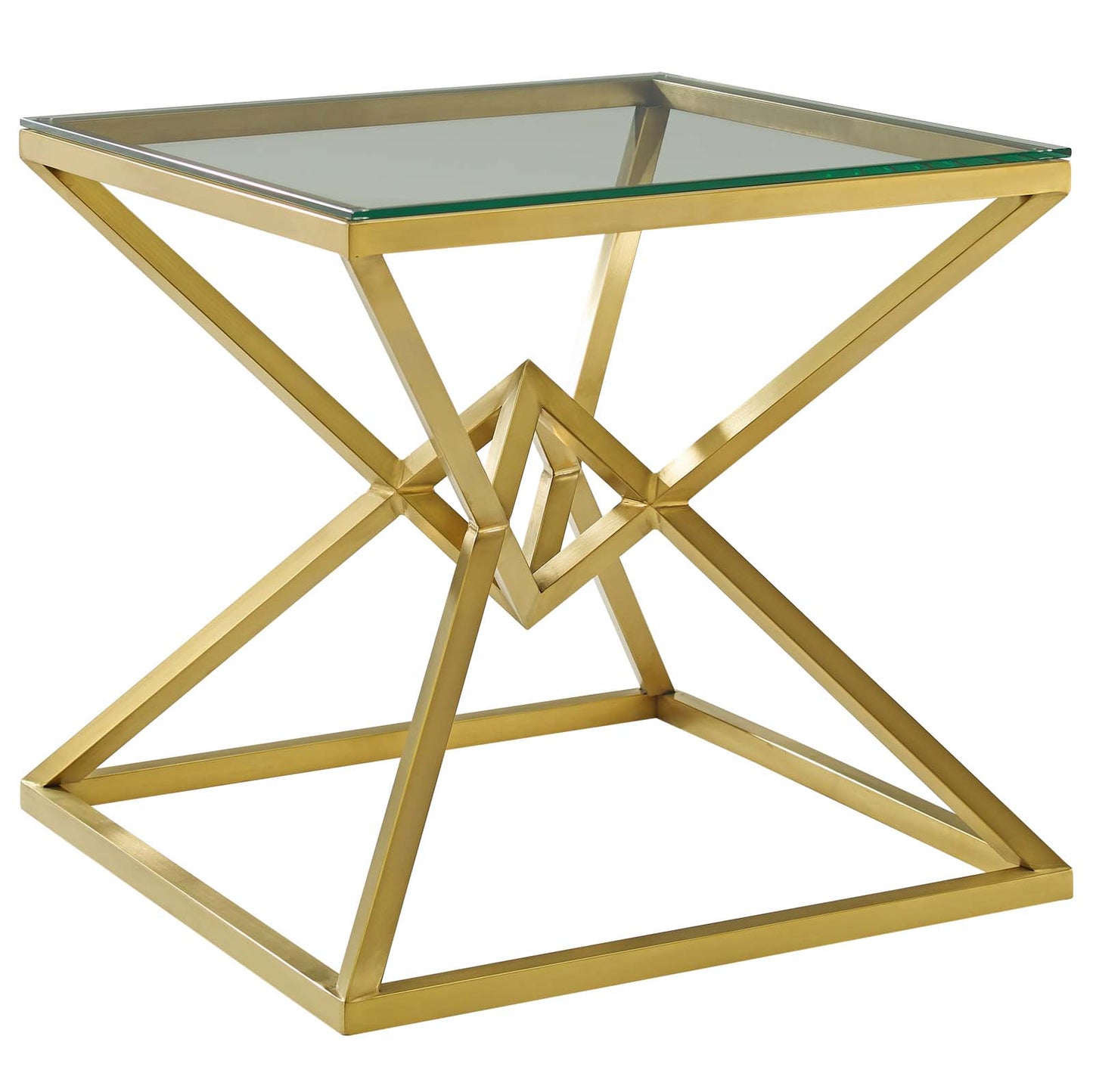 Point 25.5" Brushed Gold Metal Stainless Steel Side Table, Glass Metal Stainless Steel, Gold, 17864