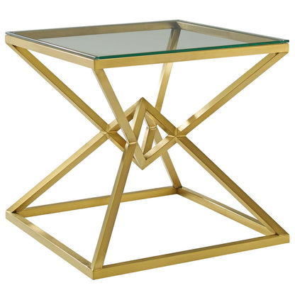 Point 25.5" Brushed Gold Metal Stainless Steel Side Table, Glass Metal Stainless Steel, Gold, 17864