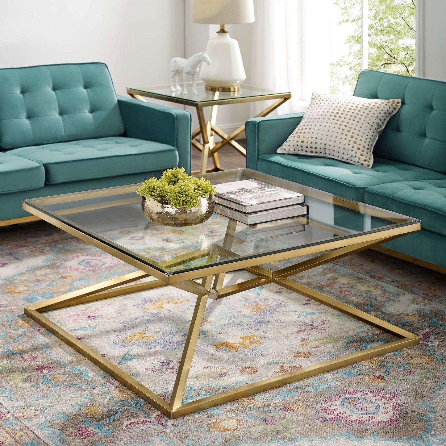 Point 39.5" Brushed Gold Metal Stainless Steel Coffee Table, Glass Stainless Steel, Gold, 17865