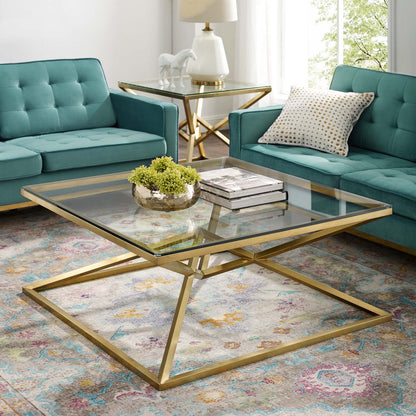 Point 39.5" Brushed Gold Metal Stainless Steel Coffee Table, Glass Stainless Steel, Gold, 17865