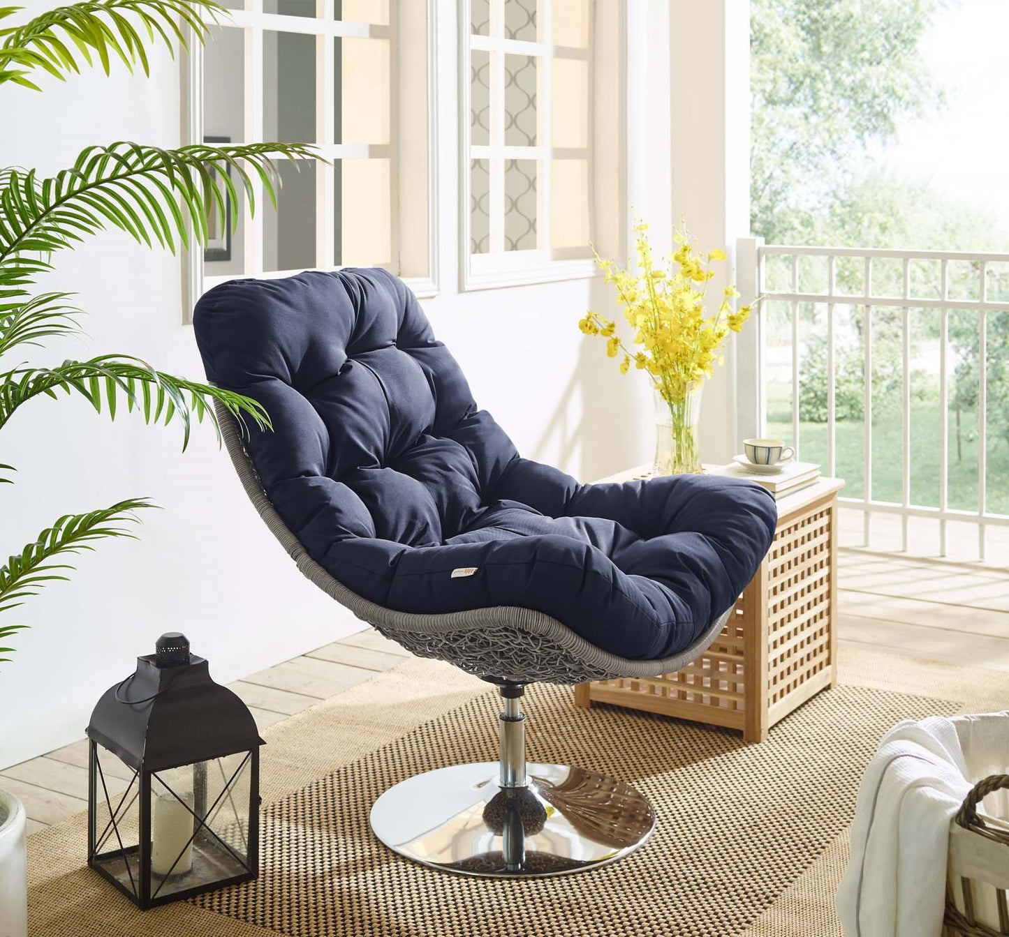 Brighton Wicker Rattan Outdoor Patio Swivel Lounge Chair, Rattan Wicker Fabric Metal, Navy Blue, 18010