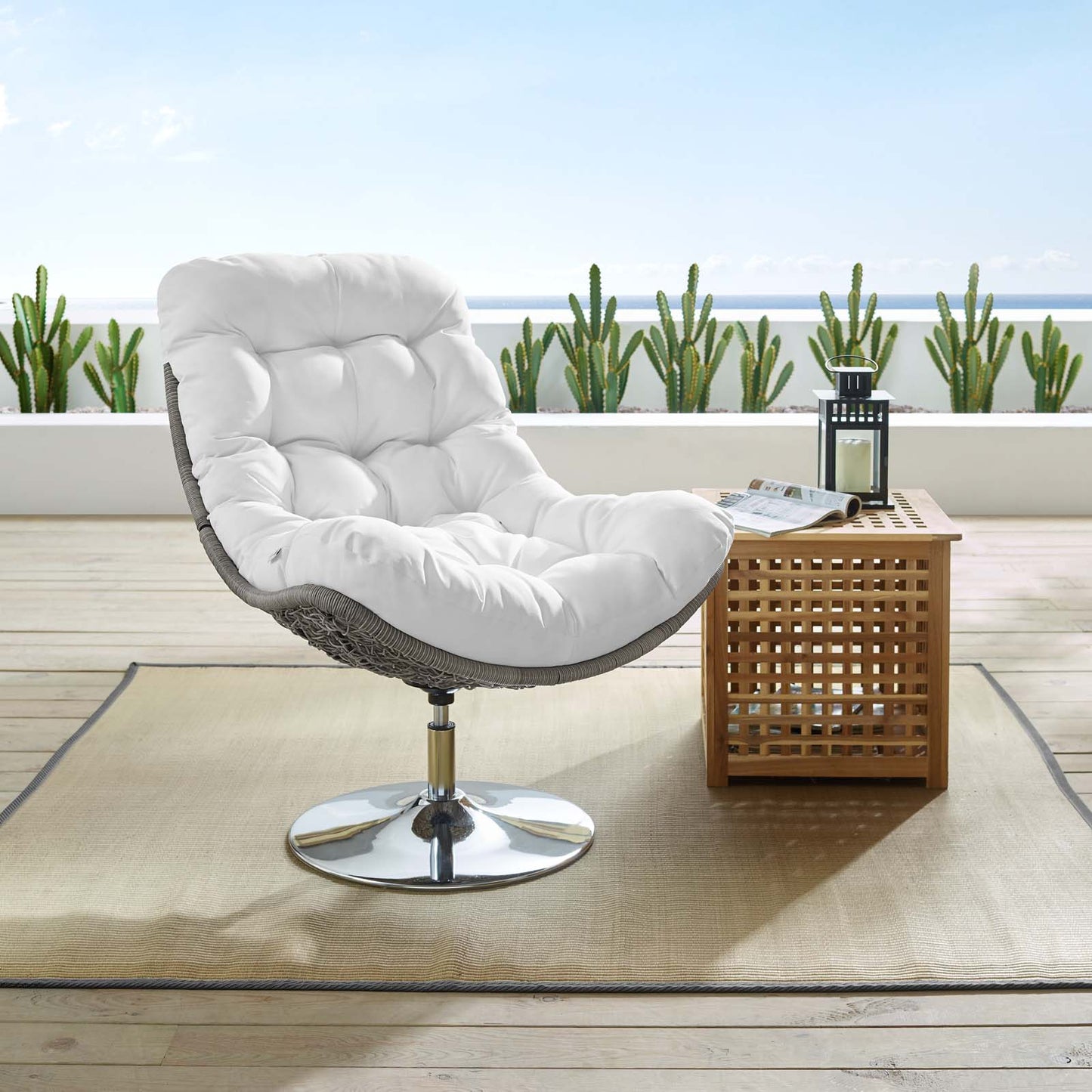 Brighton Wicker Rattan Outdoor Patio Swivel Lounge Chair, Rattan Wicker Fabric Metal, White, 18011