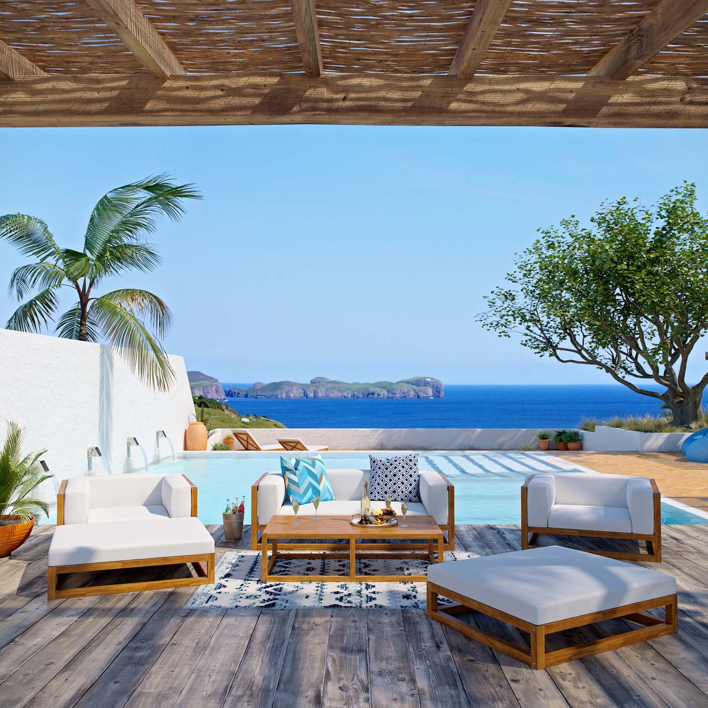 Newbury 6 Piece Outdoor Patio Set, Wood, Natural White, 17872
