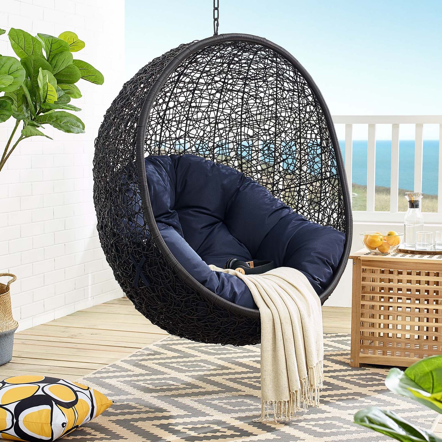 Encase Swing Outdoor Patio Lounge Chair Without Stand, Black Navy Blue, 18256