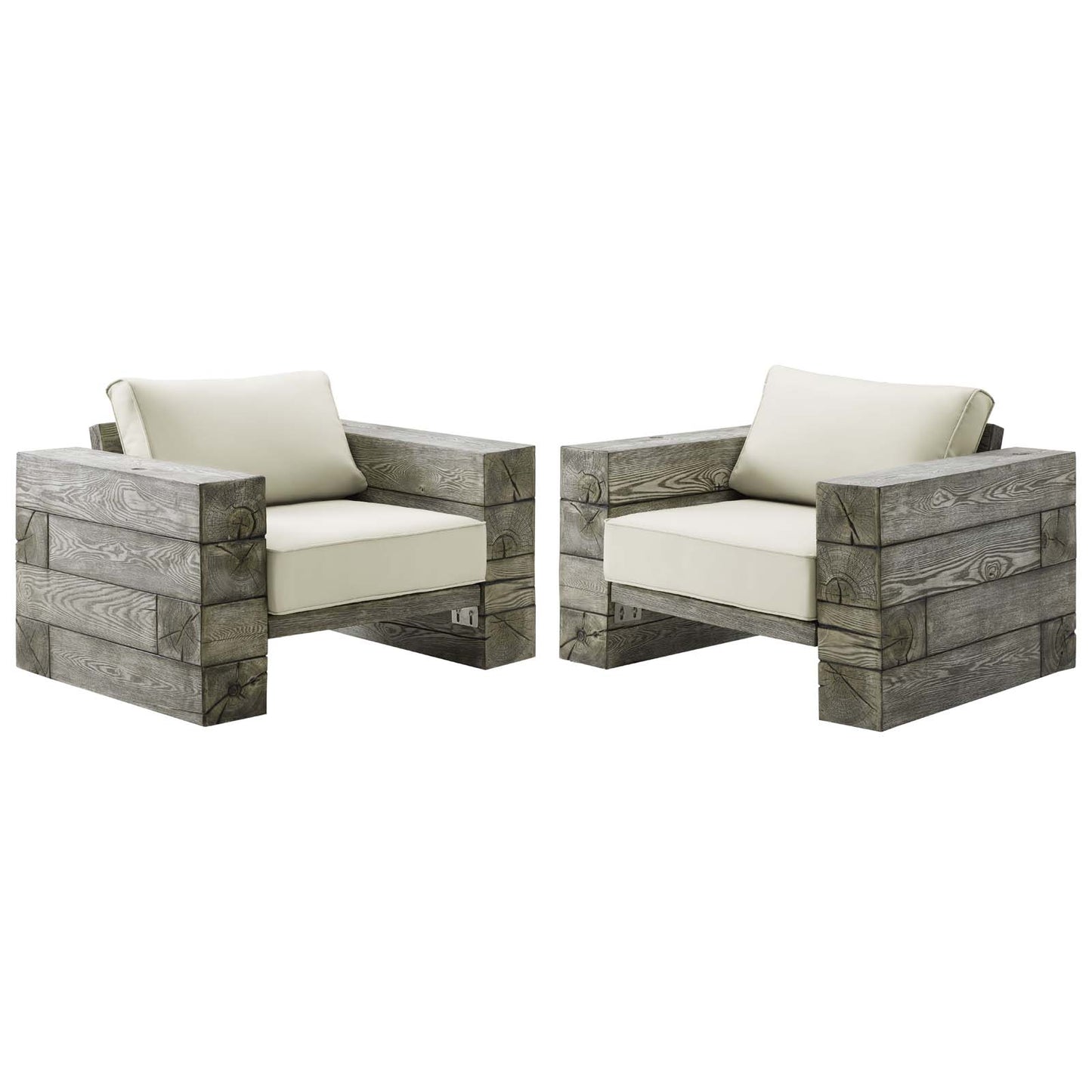 Manteo Rustic Coastal Outdoor Patio Sunbrella® Lounge Armchair Set of 2, Simulated Wood, Light Grey Gray Beige, 18268