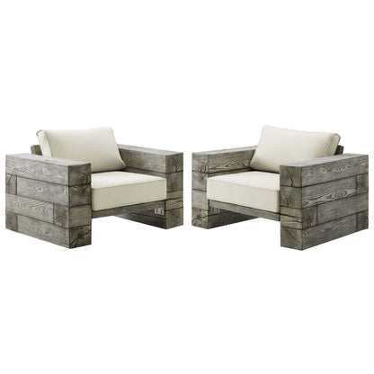 Manteo Rustic Coastal Outdoor Patio Sunbrella® Lounge Armchair Set of 2, Simulated Wood, Light Grey Gray Beige, 18268