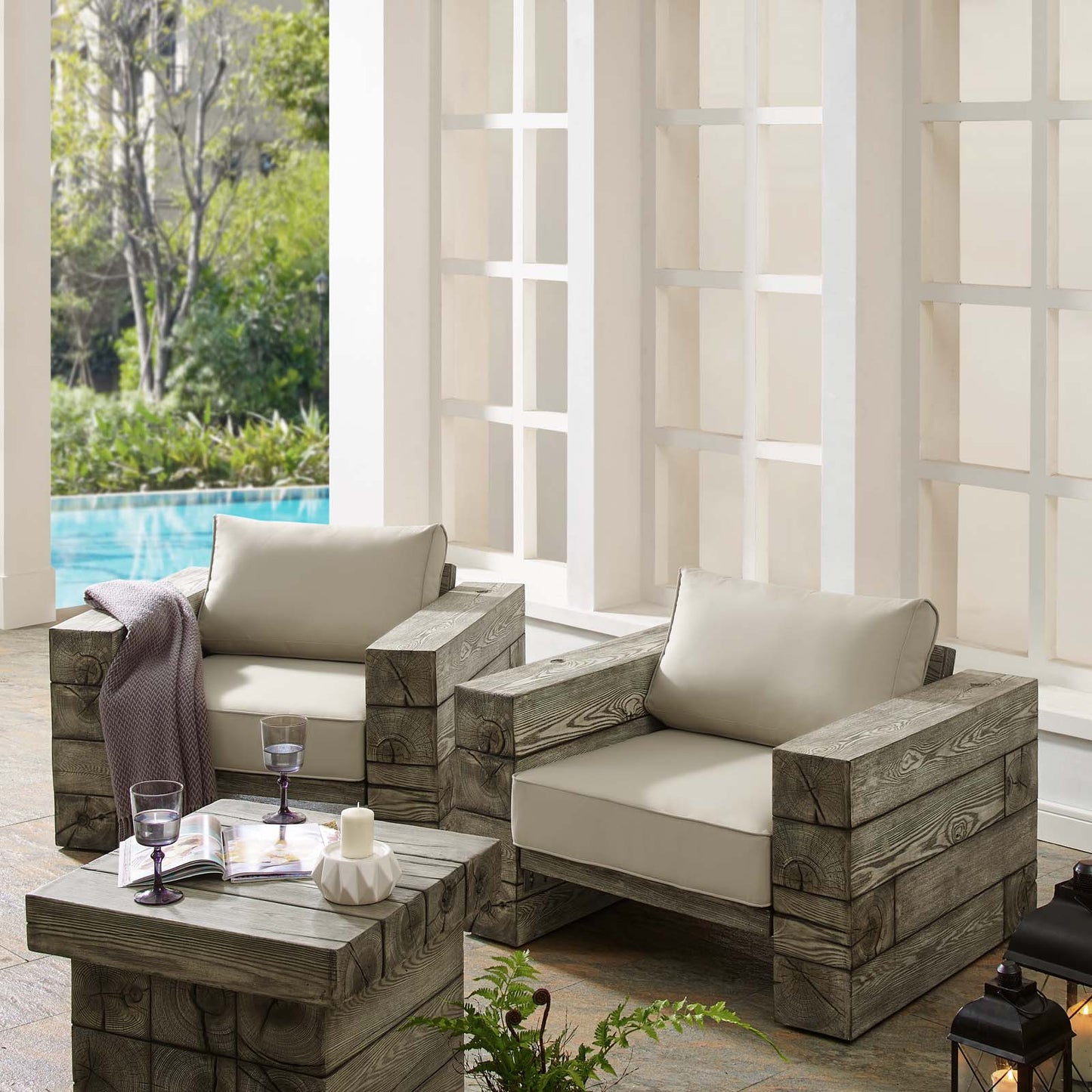 Manteo Rustic Coastal Outdoor Patio Sunbrella® Lounge Armchair Set of 2, Simulated Wood, Light Grey Gray Beige, 18268