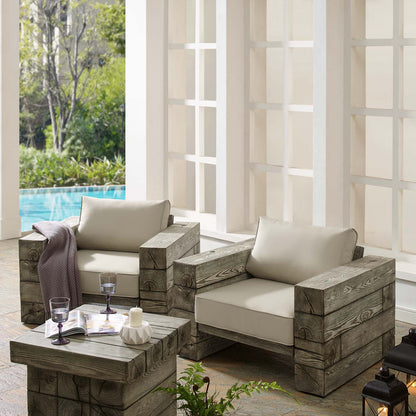 Manteo Rustic Coastal Outdoor Patio Sunbrella® Lounge Armchair Set of 2, Simulated Wood, Light Grey Gray Beige, 18268