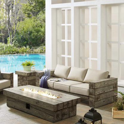 Manteo Rustic Coastal Outdoor Patio Sunbrella® Sofa and Fire Pit Set, Simulated Wood, Light Grey Gray Beige, 18269