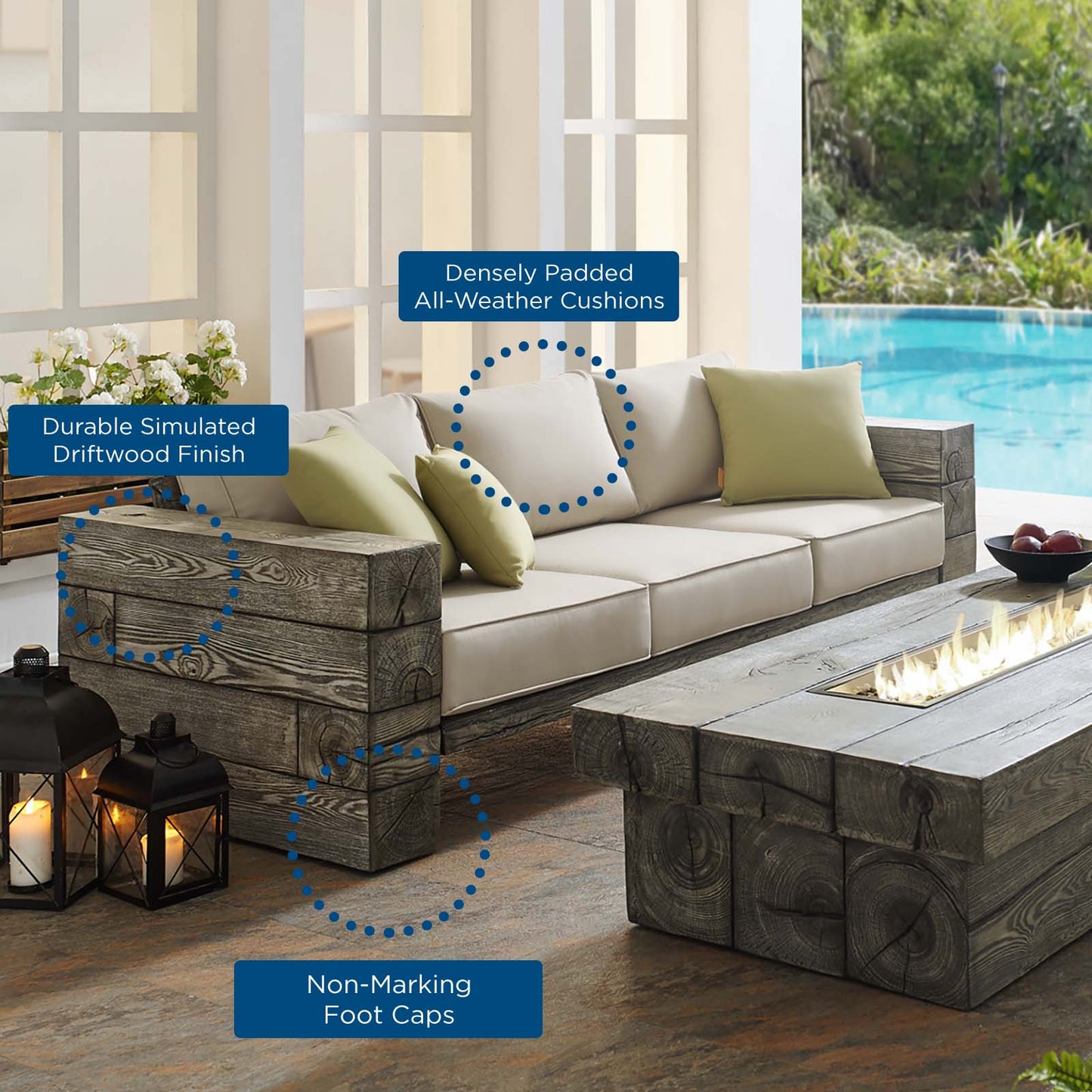 Manteo Rustic Coastal Outdoor Patio Sunbrella® Sofa and Fire Pit Set, Simulated Wood, Light Grey Gray Beige, 18269