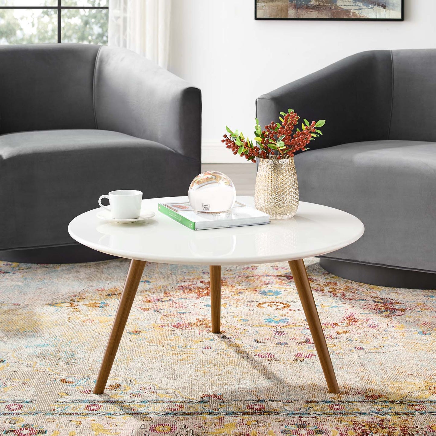 Lippa 28" Round Wood Top Coffee Table with Tripod Base, Wood Metal Steel, White Natural Walnut, 17879