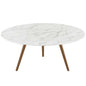 Lippa 36" Round Artificial Marble Coffee Table with Tripod Base, Artificial Marble Stone Metal, White Natural Walnut, 17882