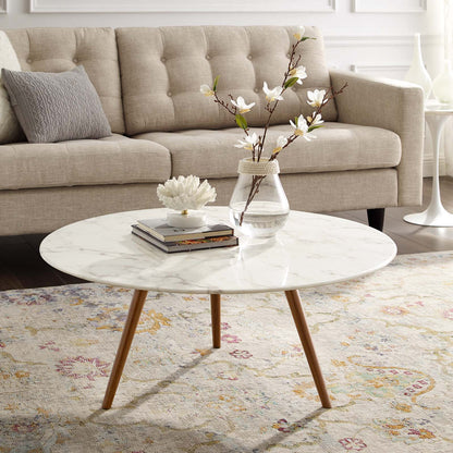 Lippa 36" Round Artificial Marble Coffee Table with Tripod Base, Artificial Marble Stone Metal, White Natural Walnut, 17882