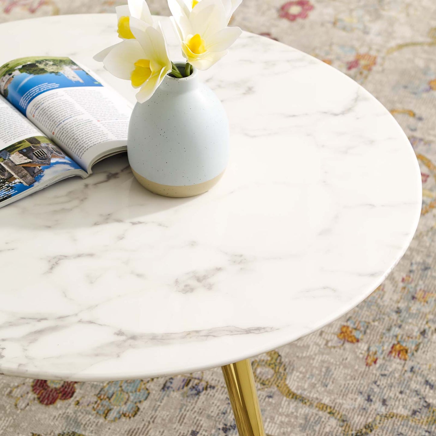 Lippa 28" Round Artificial Marble Coffee Table with Tripod Base, Artificial Marble Stone Metal, Gold White, 17885