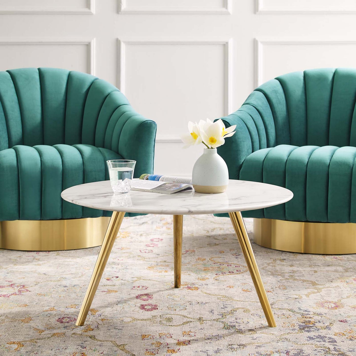 Lippa 28" Round Artificial Marble Coffee Table with Tripod Base, Artificial Marble Stone Metal, Gold White, 17885