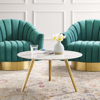 Lippa 28" Round Artificial Marble Coffee Table with Tripod Base, Artificial Marble Stone Metal, Gold White, 17885