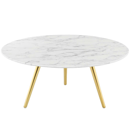 Lippa 36" Round Artificial Marble Coffee Table with Tripod Base, Wood Metal Stainless Steel, Gold White, 17886