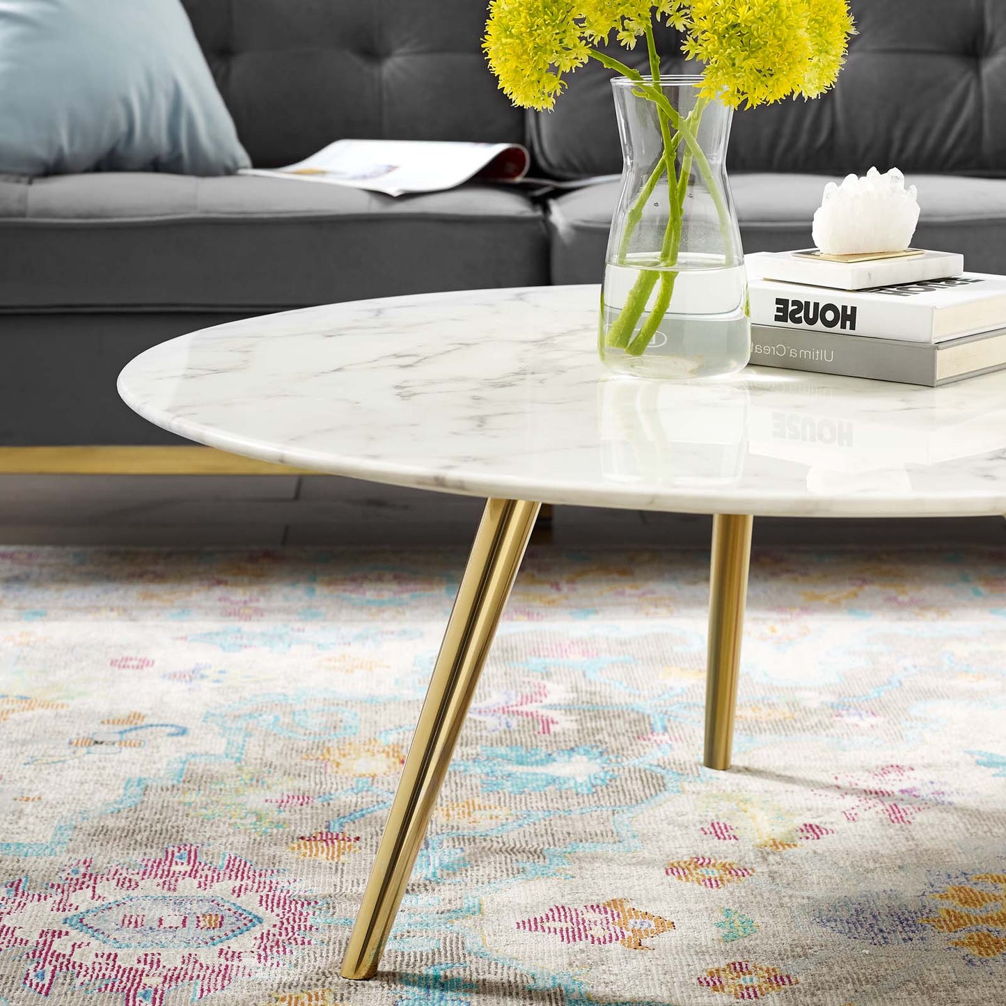 Lippa 36" Round Artificial Marble Coffee Table with Tripod Base, Wood Metal Stainless Steel, Gold White, 17886
