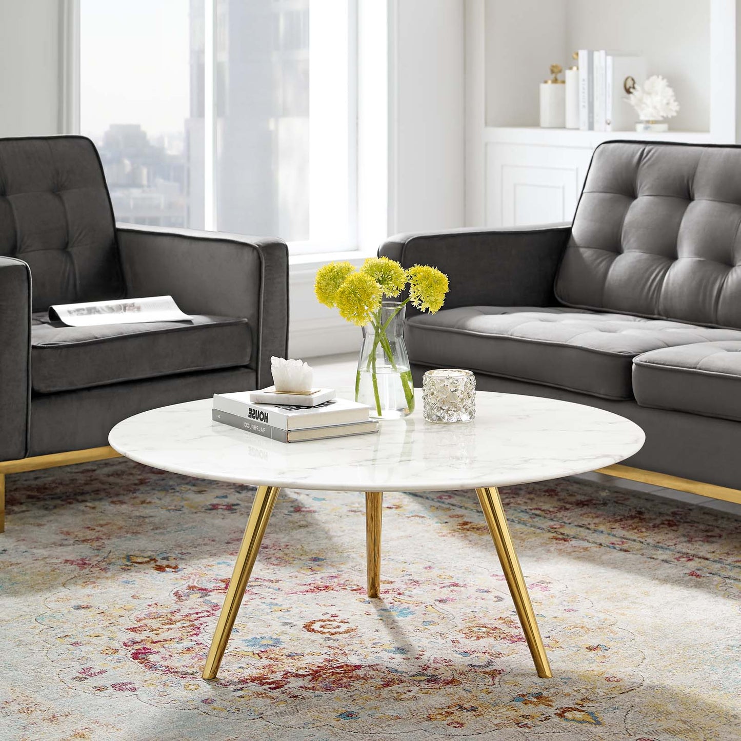Lippa 36" Round Artificial Marble Coffee Table with Tripod Base, Wood Metal Stainless Steel, Gold White, 17886