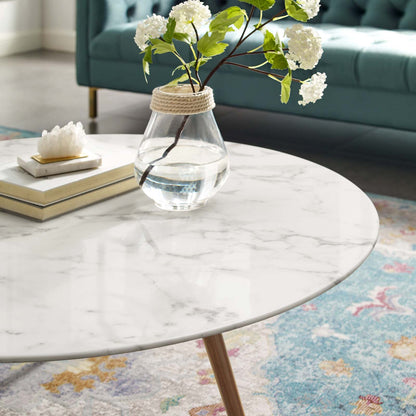 Lippa 40" Round Artificial Marble Coffee Table with Tripod Base, Artificial Marble Stone Metal, White Natural Walnut, 17889