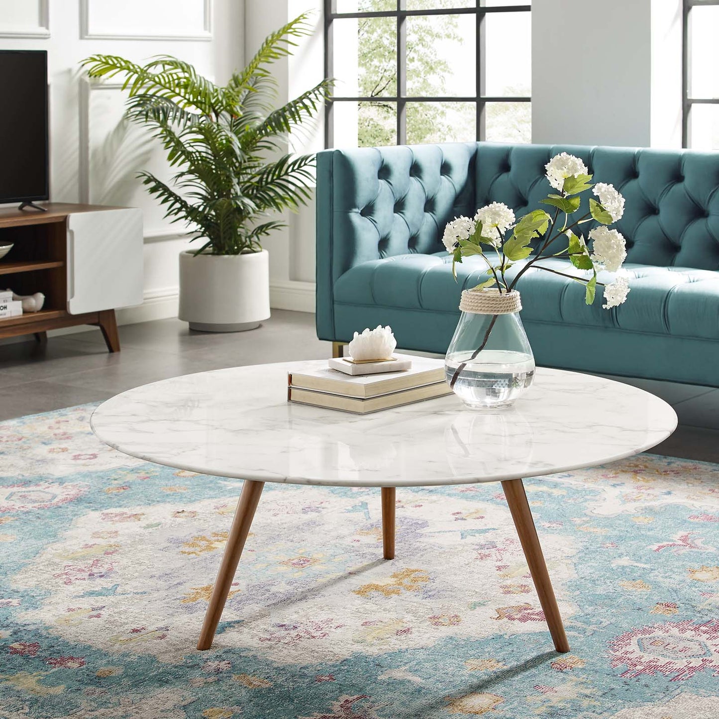 Lippa 40" Round Artificial Marble Coffee Table with Tripod Base, Artificial Marble Stone Metal, White Natural Walnut, 17889
