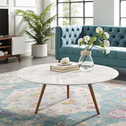 Lippa 40" Round Artificial Marble Coffee Table with Tripod Base, Artificial Marble Stone Metal, White Natural Walnut, 17889
