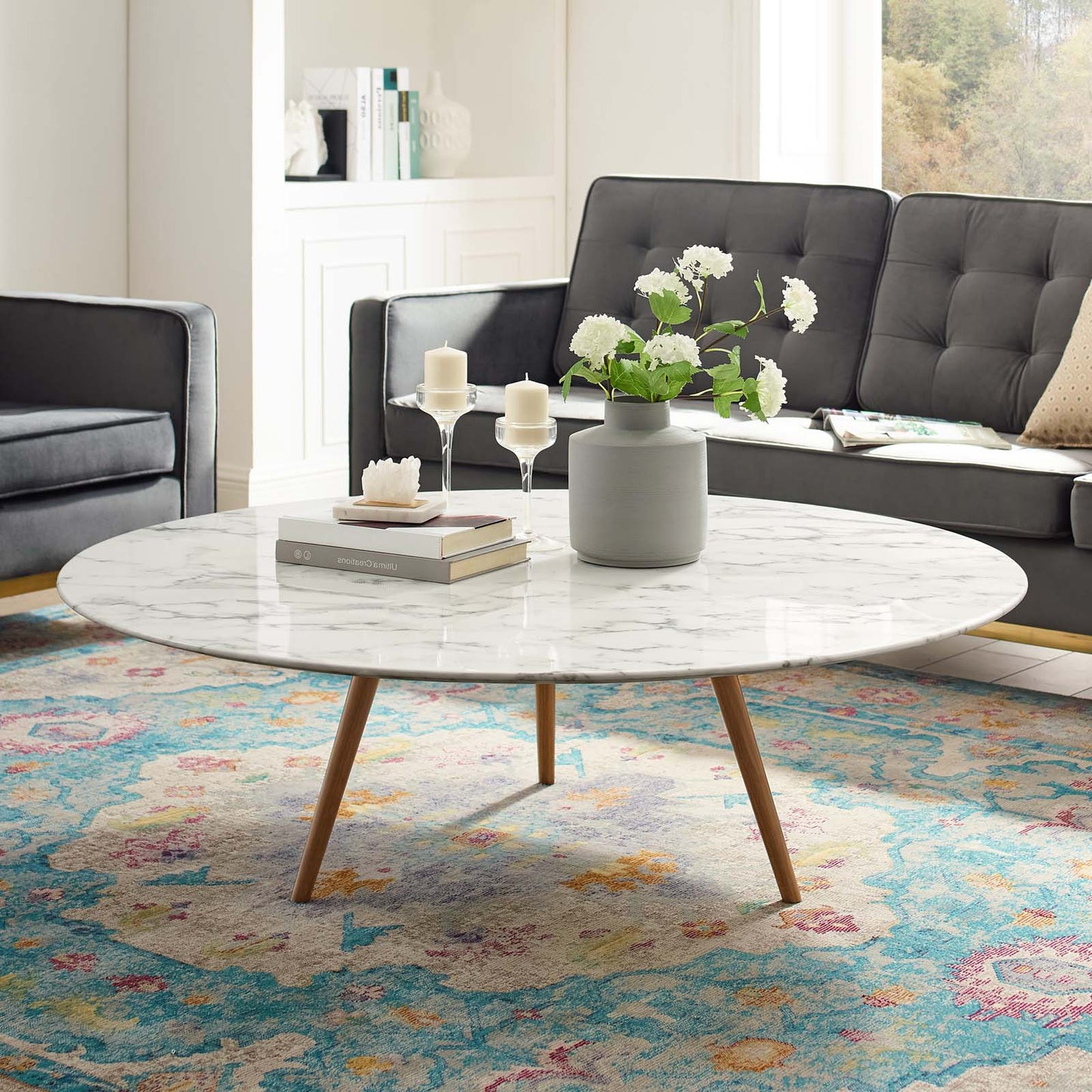 Lippa 47" Round Artificial Marble Coffee Table with Tripod Base, Artificial Marble Stone Metal, White Natural Walnut, 17890