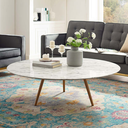 Lippa 47" Round Artificial Marble Coffee Table with Tripod Base, Artificial Marble Stone Metal, White Natural Walnut, 17890