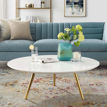 Lippa 40" Round Wood Top Coffee Table with Tripod Base, Wood Metal Stainless Steel, Gold White, 17891