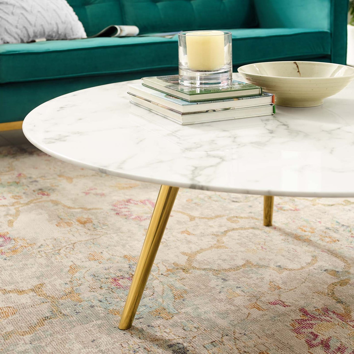 Lippa 40" Round Artificial Marble Coffee Table with Tripod Base, Wood Metal Stainless Steel, Gold White, 17893