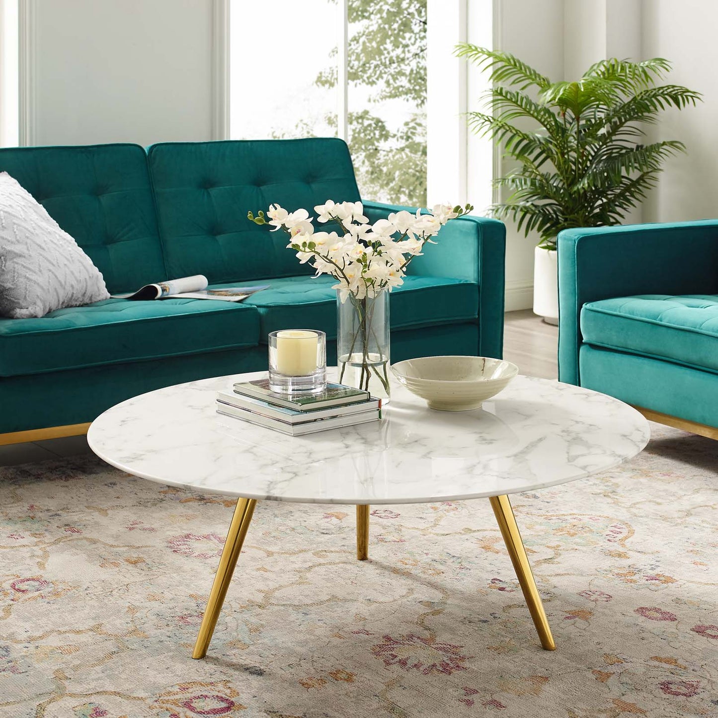 Lippa 40" Round Artificial Marble Coffee Table with Tripod Base, Wood Metal Stainless Steel, Gold White, 17893